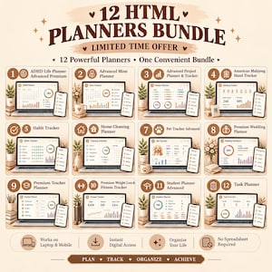 HTML Planner Bundle, All in One Digital Planner Collection, Budget & Wedding Planner, ADHD, Student, Mom , Fitness Trackers