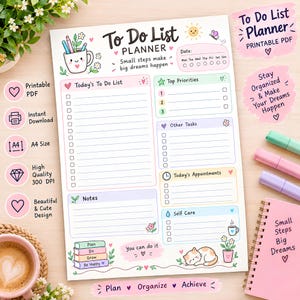 May include: A white paper To Do List Planner with pastel-coloured sections for daily tasks, top priorities, appointments, and self-care. The layout features illustrations of a smiling mug with pens, a sleeping cat, and books with the text Plan, Do, Grow, Be Happy.