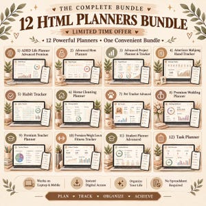 May include: A digital bundle titled The Complete Bundle 12 HTML Planners Bundle featuring twelve distinct planners including ADHD Life, Advanced Mom, Project, Mahjong, Habit, Cleaning, Pet, Wedding, Teacher, Fitness, Student, and Task planners.