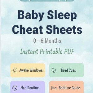Può includere: Un prodotto digitale intitolato "Baby Sleep Cheat Sheets" per bambini da 0 a 6 mesi. Il design include il testo "4 Pages • Parent-Friendly Layout" e "Instant Printable PDF". Quattro riquadri colorati evidenziano gli argomenti: Awake Windows, Tired Cues, Nap Routine e Bedtime Guide.