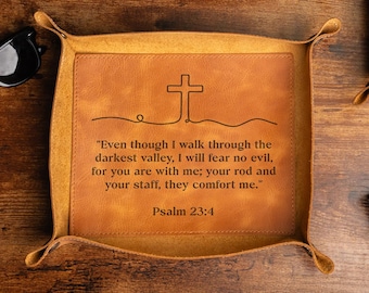 Engraved Bible Verse Leather Valet Tray, Christian Gift for Men, Scripture Catchall Tray, Religious Desk Organizer, Father's Day Gifts