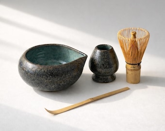 Japanese Matcha Bowl Gift Set Ceramic Chawan Teal Blue Glaze Tea Ceremony Kit Handmade