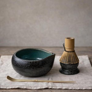 Stoneware Matcha Bowl Set Japanese Chawan Tea Ceremony Gift Handmade Ceramic Pottery