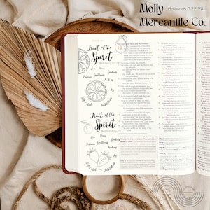 Può includere: Bibbia aperta con il testo "Frutto dello Spirito" e parole correlate come "Amore, Pace, Pazienza, Gentilezza, Bontà, Gentilezza, Autocontrollo e Gioia". L'immagine include un vassoio di legno e piante secche decorative.