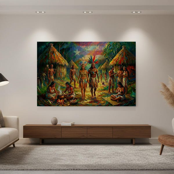 Taíno Village Canvas Print Indigenous Caribbean Tribal Artwork Puerto Rican Heritage Wall Decor
