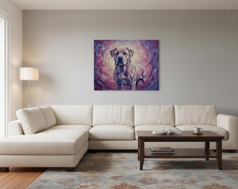 カラフルな犬のアートキャンバス、鮮やかなマスティフの油絵風肖像画