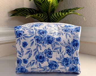Midnight Blue Floral Quilted Makeup Bag