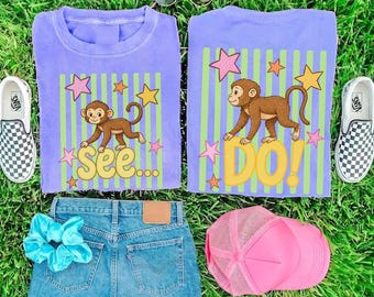 Monkey See Monkey Do PNG, Preppy Teacher Last Day of School Gift, Funny Animal Meme Shirt, Trendy Striped Design, Sarcastic Humor Clipart