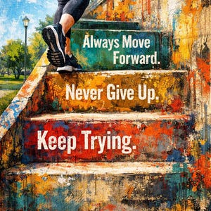 May include: An artistic image of a person's legs in black leggings and sneakers climbing colorful stairs. The stairs have motivational phrases: "Always Move Forward," "Never Give Up," and "Keep Trying."
