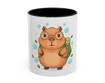 Cute Capybara with Turtle Backpack mug | Accent Coffee Mug