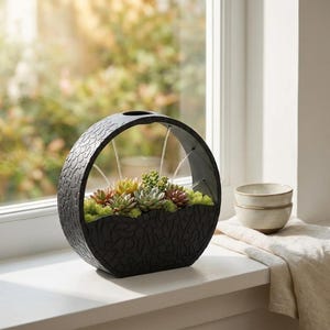 May include: A circular black planter with a textured, organic pattern on its exterior. The planter holds a collection of small, multi-colored succulent plants nestled in green moss, with thin, clear support wires arching over the greenery.