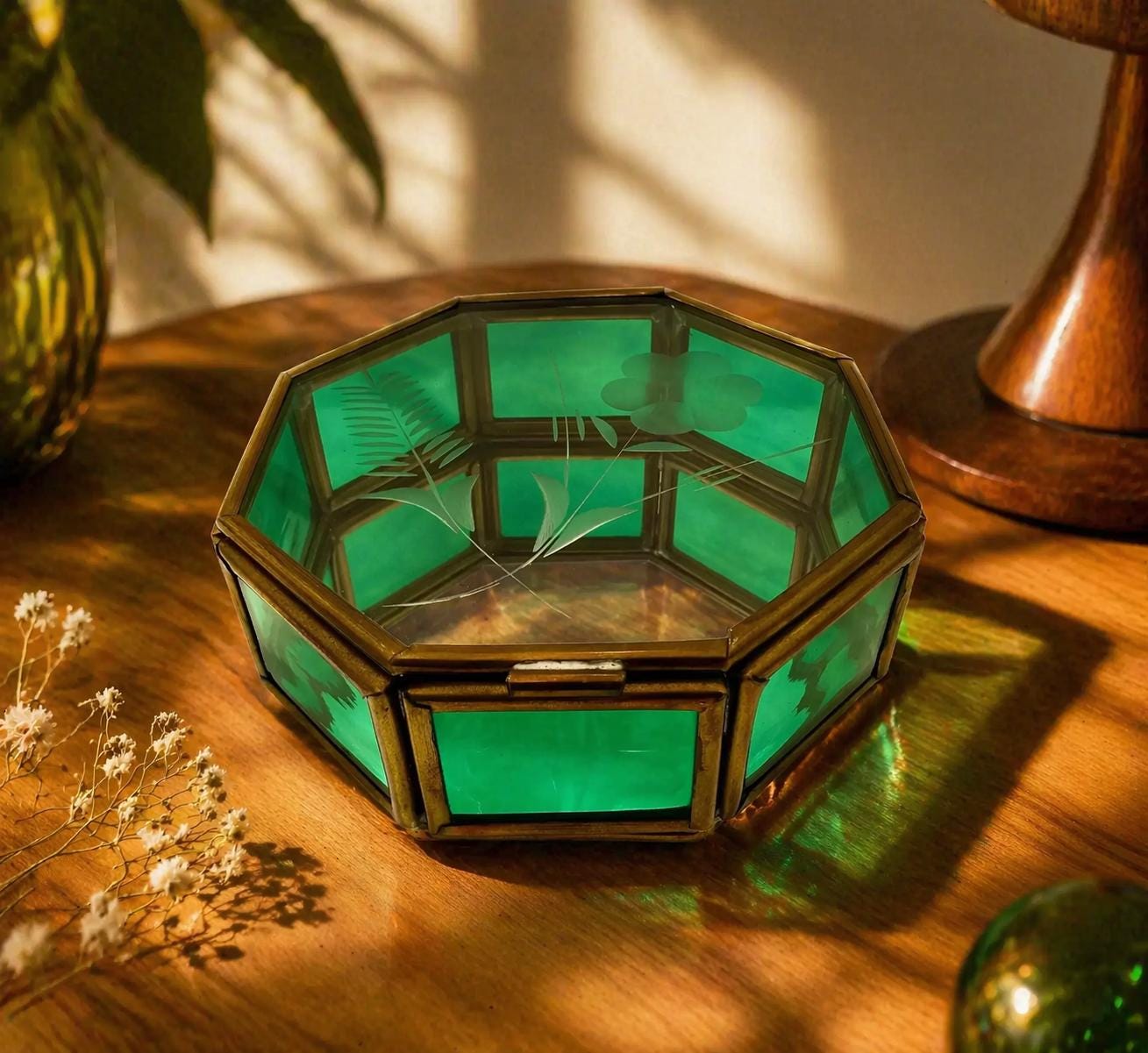 Orb weaver in a trinket box!!! Isn Embroidered JewelryTrinket Box Mirror Octagon~Red Velvet Lining~1950’s~Hinged main image 1