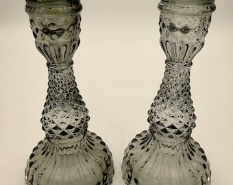 Vintage Smoky Gray Pressed Glass Candlestick Holders, Set of 2, 6.5”
