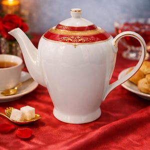Cafetera Royal Scotland con borde rojo y pergamino dorado de porcelana vintage