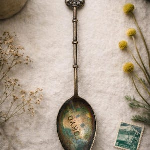 Puede incluir: Cuchara plateada vintage con una figura detallada de Buda en el mango. La cuchara tiene la inscripción "TOKYO" en la cuchara. Presentada sobre una superficie texturizada de color crema.