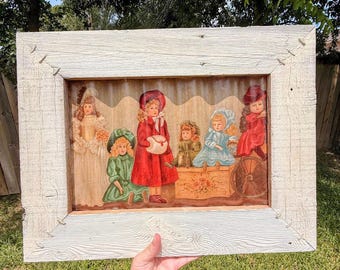 Rustikale gerahmte viktorianische Kinder Decoupage auf gewelltem Metall Wandkunst
