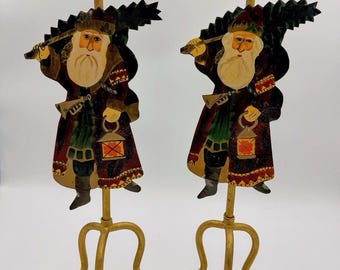 Vintage Hand Painted Santa Candle Holders Pair, Made in India Folk Art