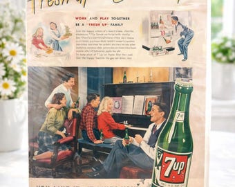Vintage 1947 7-up frisdrank advertentie poster tijdschrift print familiescène
