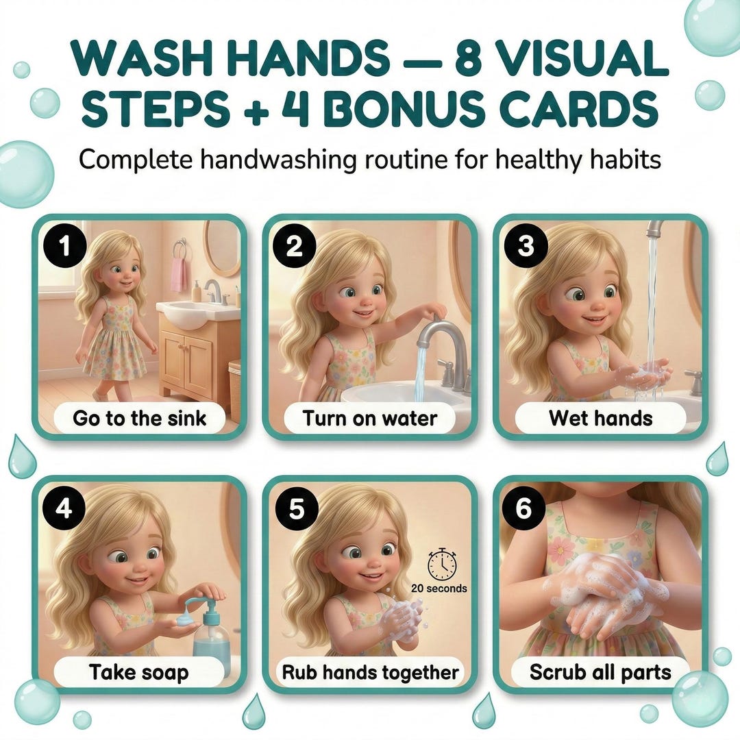 Wash Hands Visual Steps Girls Autism Printable Hygiene Routine Digital ...