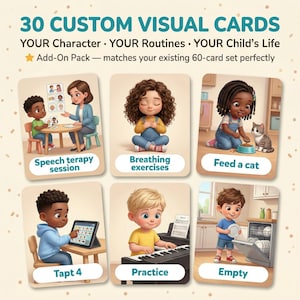 Puede incluir: Un conjunto de 30 tarjetas visuales personalizadas con ilustraciones de rutinas y actividades diarias. Las tarjetas incluyen "Sesión de terapia del habla", "Ejercicios de respiración", "Alimentar a un gato", "Tapt 4", "Practicar" y "Vaciar". Pack adicional para un conjunto de 60 tarjetas.