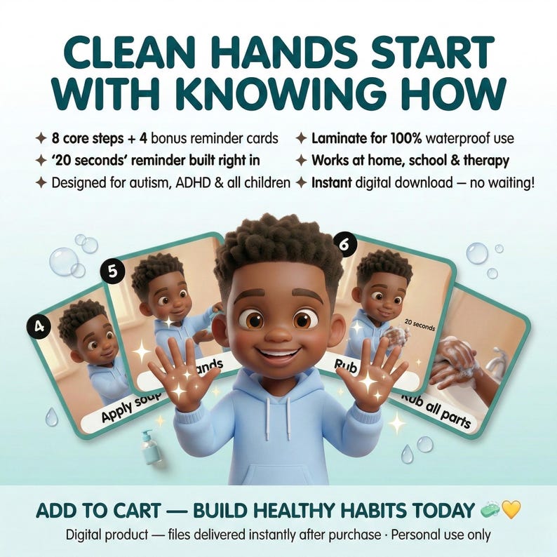 Wash Hands Visual Steps Boys Autism Printable Hygiene Routine Digital ...
