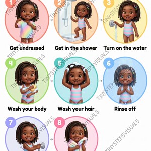 Può includere: Una guida illustrata intitolata "Shower Time" mostra un bambino che esegue i passaggi della doccia. I passaggi includono spogliarsi, entrare nella doccia, aprire l'acqua, lavare il corpo e i capelli, risciacquare, chiudere l'acqua e asciugarsi.