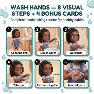 May include: An illustrated guide with 8 steps and 4 bonus cards demonstrating a handwashing routine. The guide features a cartoon child performing each step, from going to the sink to scrubbing all parts of the hands. Text includes "Wash Hands" and "20 seconds."