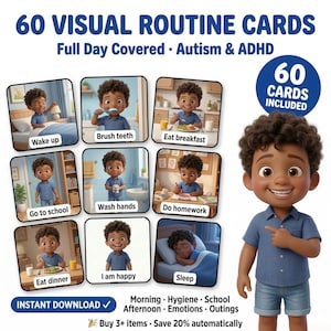 Peut inclure: Ensemble de 60 cartes de routine visuelle pour enfants autistes et TDAH. Les cartes illustrent des activités quotidiennes telles que se réveiller, se brosser les dents, prendre le petit-déjeuner, aller à l'école, se laver les mains, faire ses devoirs, dîner, être heureux et dormir.