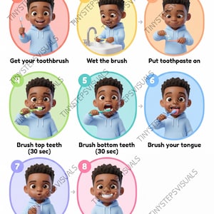 May include: An illustrated guide titled "Brush Teeth" shows a child demonstrating the steps of brushing teeth. The steps include getting a toothbrush, wetting it, applying toothpaste, brushing top and bottom teeth, brushing the tongue, rinsing, and smiling.