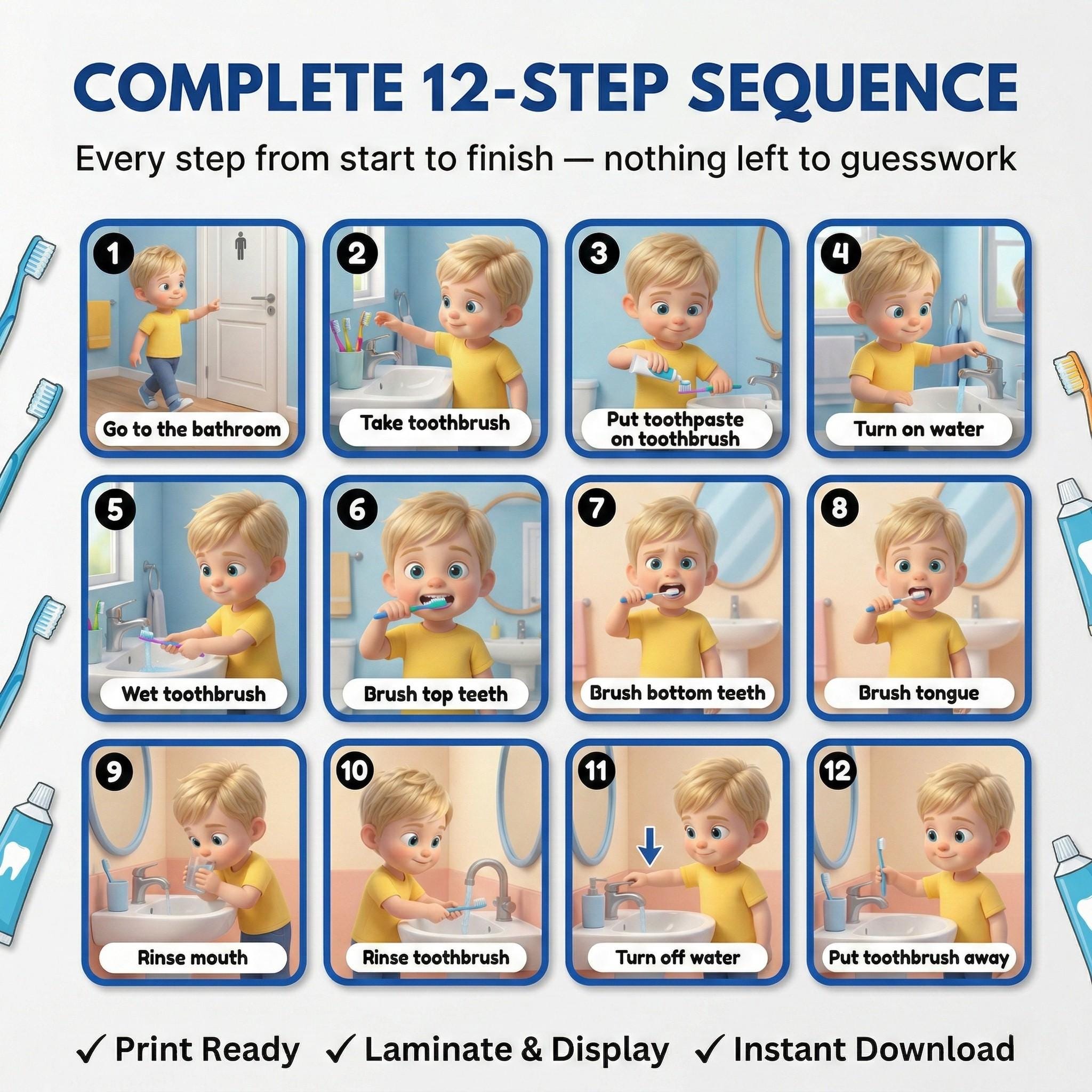 Brush Teeth Visual Cards Boys | Autism ADHD Hygiene Routine | Printable ...