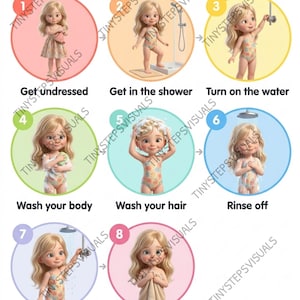Pode incluir: Um guia ilustrado intitulado "Shower Time" mostra a rotina de banho de uma criança em oito etapas. Cada etapa está em um círculo colorido com uma imagem e uma descrição de texto correspondentes, como "Despir-se" e "Secar-se".