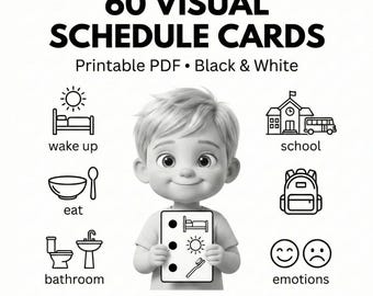 Black and White Visual Schedule Cards for Kids – Printable PDF for Autism ADHD