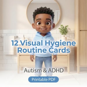 Könnte beinhalten: Cartoon-Illustration eines lächelnden Kindes in einem hellblauen Kapuzenpullover und Jeans. Der Text auf dem Bild lautet "12 Visuelle Hygiene-Routinekarten", "Autismus & ADHS" und "Druckbares PDF". Der Hintergrund zeigt ein Badezimmer mit Spiegel und kleiner Pflanze.