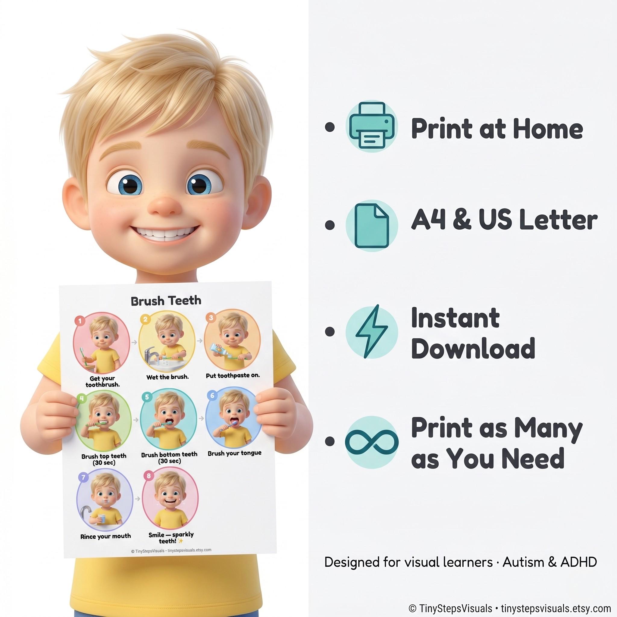 Brush Teeth Visual Cards Boys | Autism ADHD Steps | Printable ...