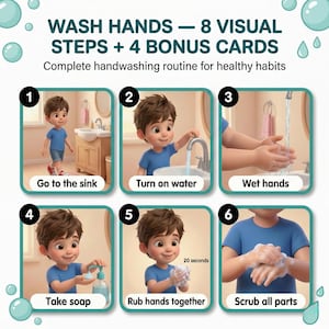 May include: A visual guide for handwashing, featuring a cartoon boy demonstrating the steps. The guide includes text instructions like "Go to the sink," "Turn on water," and "Scrub all parts." The steps are numbered and presented in a teal-bordered layout.