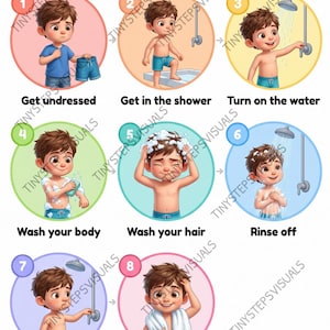 May include: An illustrated guide titled "Shower Time" depicts a boy performing shower steps. The steps include undressing, entering the shower, turning on water, washing body and hair, rinsing, turning off water, and drying off.