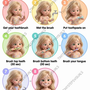 May include: An illustrated guide demonstrating how to brush teeth. The guide shows a cartoon girl performing each step, including getting the toothbrush, wetting it, applying toothpaste, brushing top and bottom teeth, brushing the tongue, rinsing, and smiling.