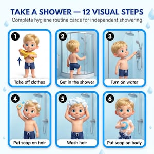 May include: A blue and white illustrated guide titled "TAKE A SHOWER - 12 VISUAL STEPS." The guide shows a cartoon boy performing shower steps, including taking off clothes, getting in the shower, and washing hair.