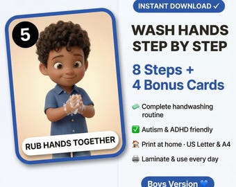 Wash Hands Step by Step Boys | Visual Cards Printable AUTISM ADHD Hygiene Routine