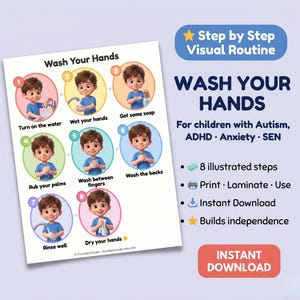 Horario visual de lavado de manos para niños, tarjetas de rutina de higiene para autismo y TDAH, 8 pasos