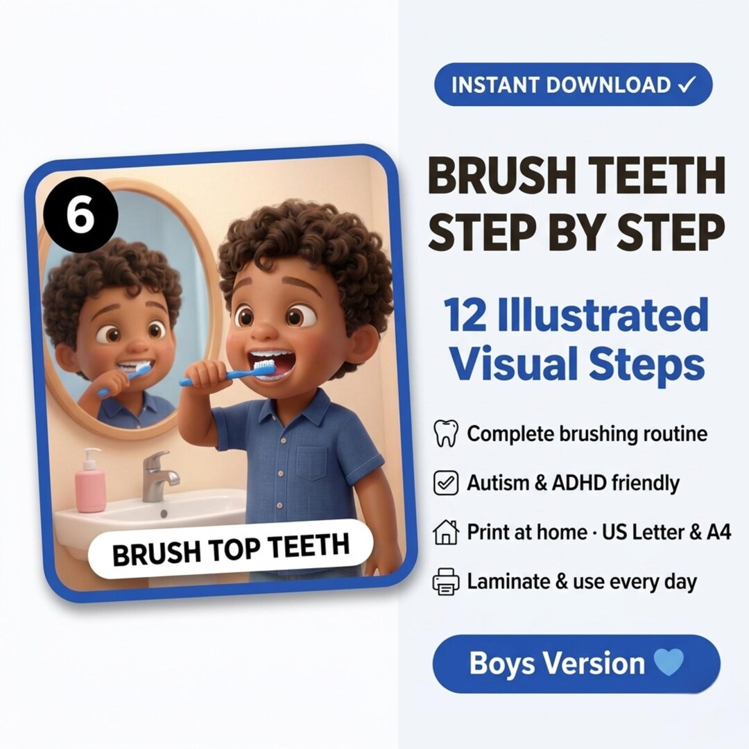 Brush Teeth Step by Step Boys | 12 Visual Cards Printable AUTISM ADHD ...