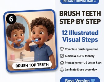 Brush Teeth Step by Step Boys | 12 Visual Cards Printable AUTISM ADHD Routine
