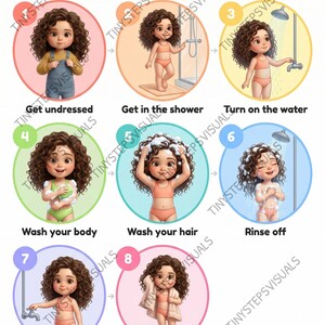 Op de afbeelding: Een geïllustreerde gids getiteld "Shower Time" toont de doucheroutine van een kind in acht stappen. De stappen omvatten uitkleden, de douche ingaan, het water aanzetten, het lichaam en haar wassen, afspoelen, het water uitzetten en afdrogen.