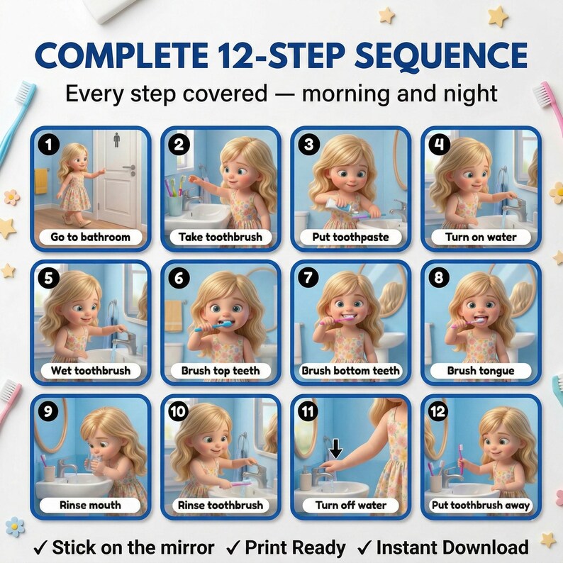 Sequence Rinsing Brush Teeth Visual Steps Girls Autism Printable Morning Routine Digital ...