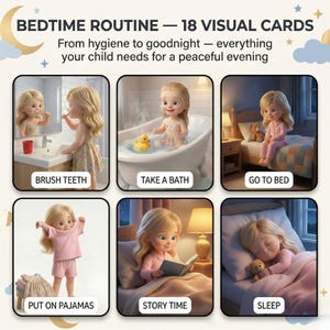 May include: A set of 18 visual cards titled BEDTIME ROUTINE, featuring illustrations of a blonde child performing tasks: brushing teeth, bathing with a rubber duck, going to bed, putting on pajamas, reading a book, and sleeping.