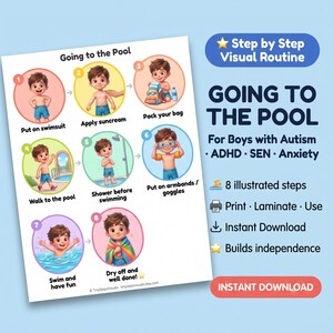 Going to the Pool Visual Schedule for Boys, Autism ADHD SEN, 8 Step Swimming Routine