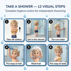 May include: A visual guide titled "TAKE A SHOWER - 12 VISUAL STEPS" shows a cartoon child performing a shower routine. The steps include taking off clothes, getting in the shower, turning on water, putting soap on hair, washing hair, and putting soap on the body.