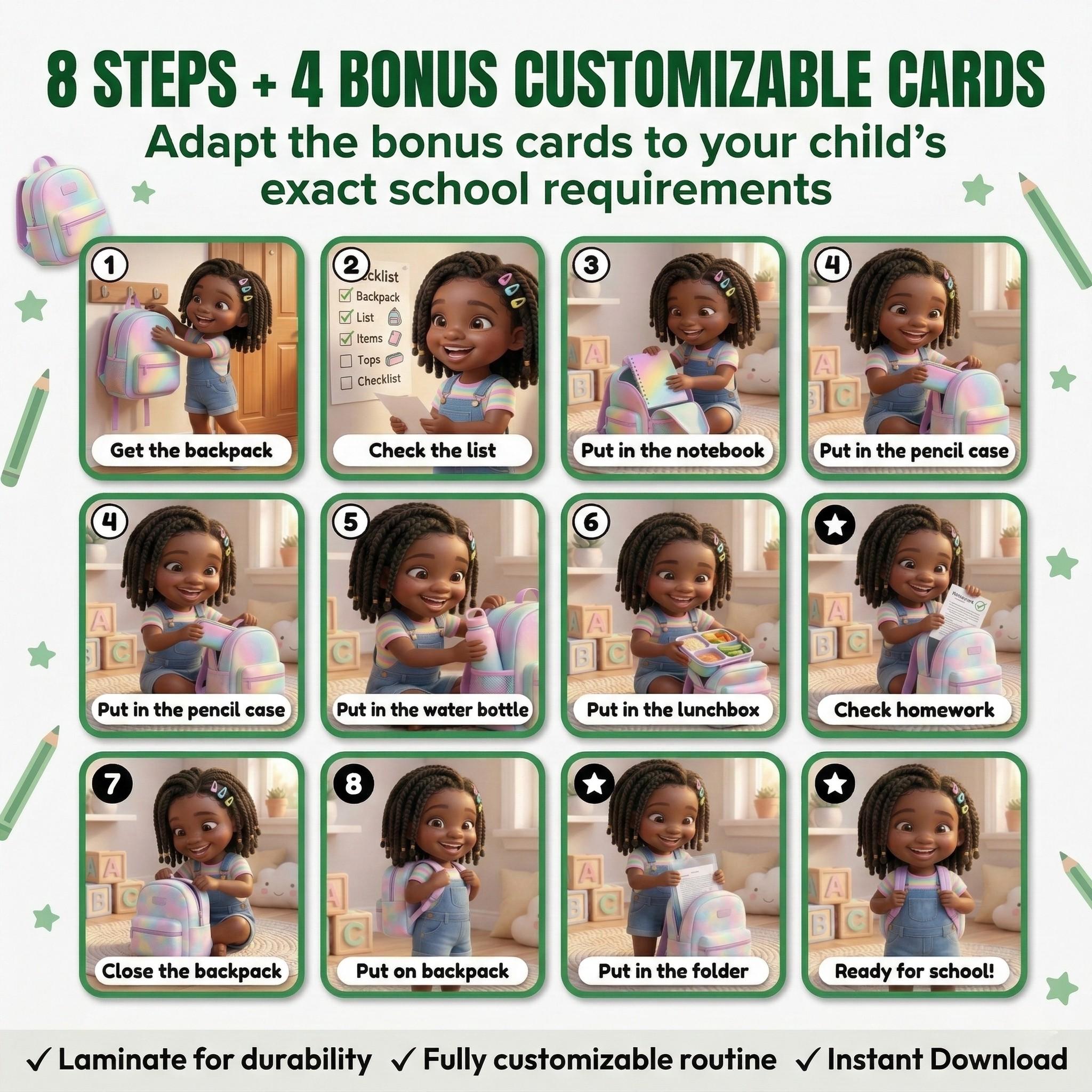 Pack Backpack Visual Steps Girls Autism School Routine Printable Cards ...
