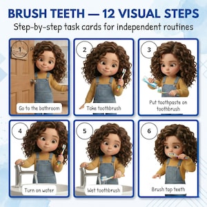 Tarjetas de análisis de tareas imprimibles para el autismo: Pasos visuales para cepillarse los dientes, descarga digital