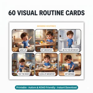 Op de afbeelding: Een set van 60 visuele routinekaarten voor kinderen, met illustraties van dagelijkse activiteiten. De kaarten bevatten tekst zoals "Wakker worden", "Ontbijten" en "Aankleden". De kaarten zijn ontworpen voor autisme en ADHD.